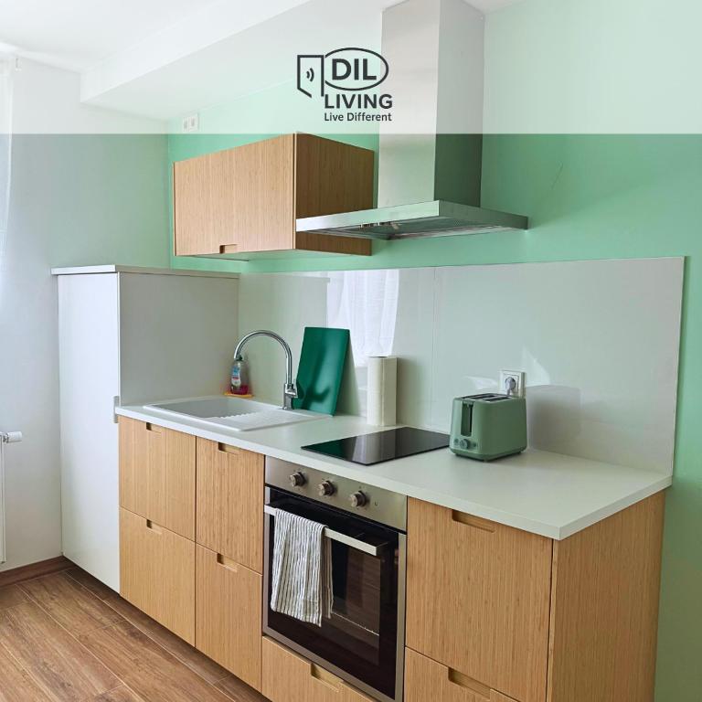 a kitchen with a sink and a stove at Modern - zentral - Studio mit Küche - Self Check In in Bad Nauheim