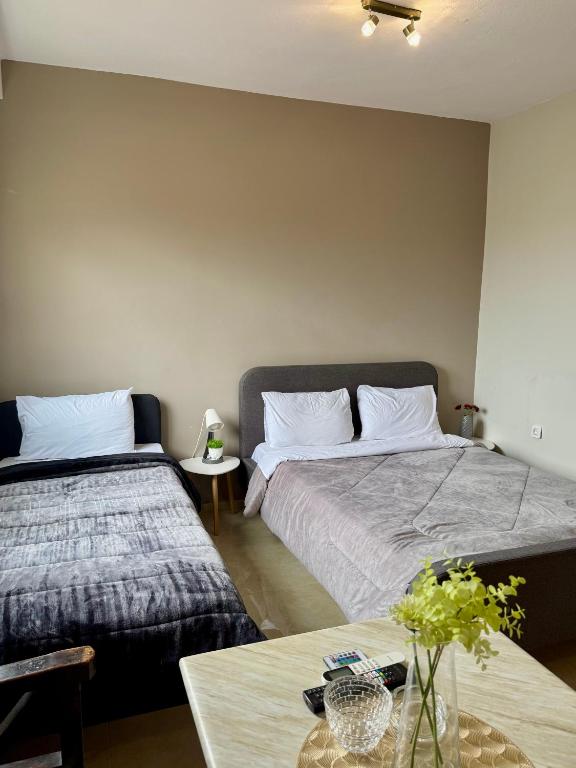 a bedroom with two beds and a table with a table at Alpha Apartments 42 in Serres