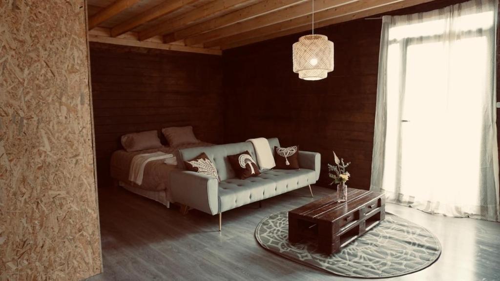 a bedroom with a bed and a couch and a table at Bungalow TRADICIONS en FincaReal in Negreira