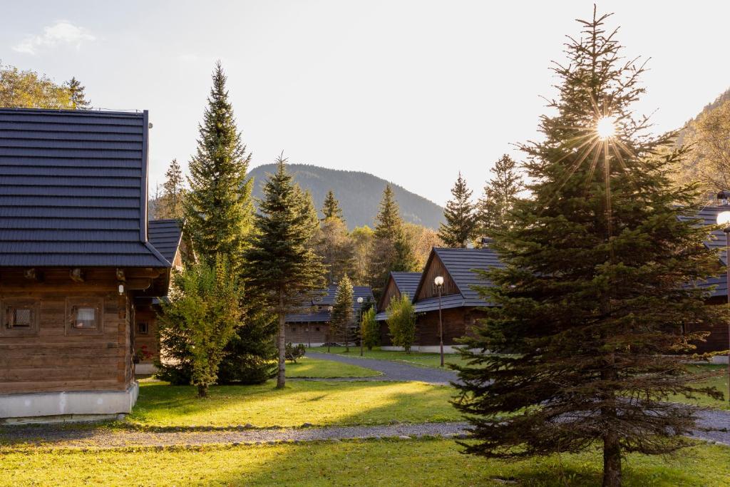 a log cabin with a pine tree in the yard at Hotel****Liptovský dvor in Liptovský Ján