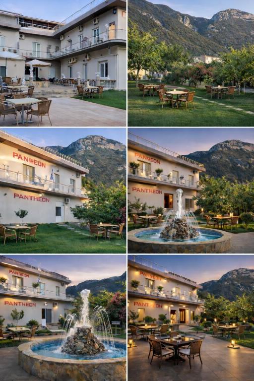 four pictures of a hotel with a fountain in the middle at Πανθεον in Kamena Vourla