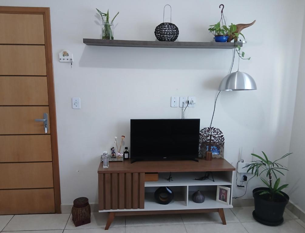 a living room with a television on a wooden stand at Quarto Rustico em Alfenas in Alfenas