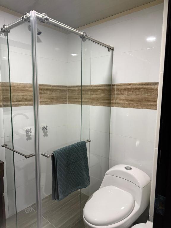 a bathroom with a toilet and a glass shower at Edificio La Roca in Pereira