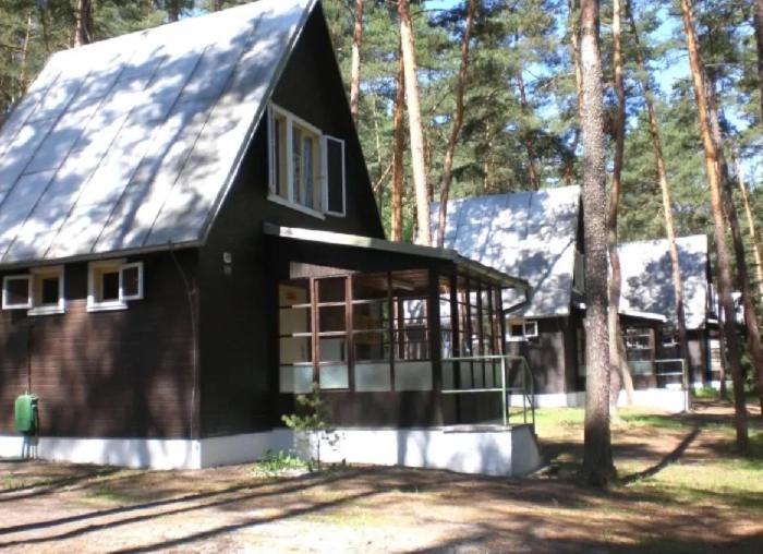 a black house with a gambrel roof at Chatičky pod Kamínkem Doksy in Doksy