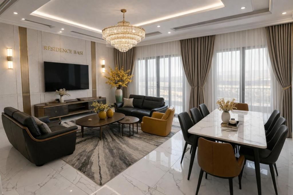ein Wohnzimmer mit Sofa und Tisch in der Unterkunft Residence BASI - Appartement 2 chambres in Rufisque