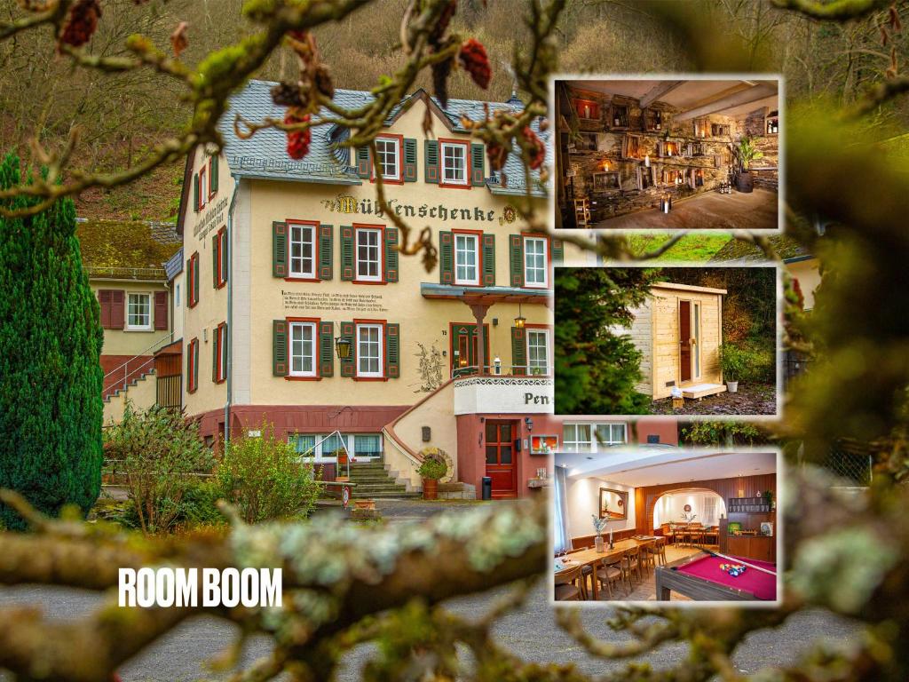 a collage of different pictures of a house at Weingut Muehlenschenke - Game-Room, Vineyard, Sauna and more in Sankt Goarshausen