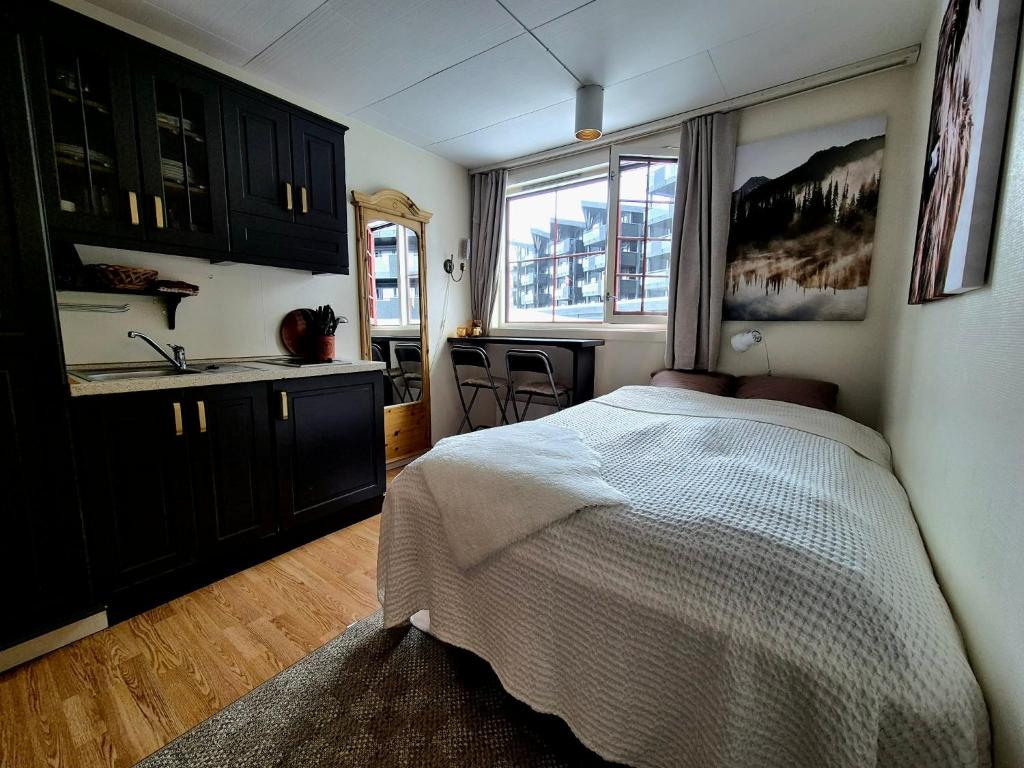a bedroom with a bed and a kitchen with a sink at Bitihorn in Beitostøl