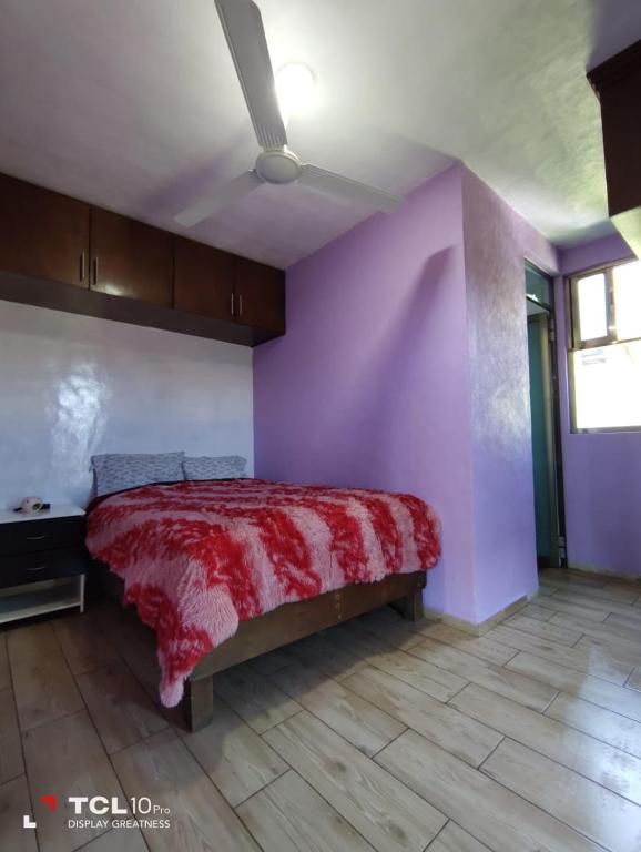 a bedroom with a red bed in a purple wall at Hospedaje 'Los Ángeles ' in Huasca de Ocampo