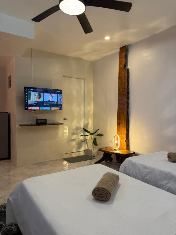 a bedroom with two beds and a flat screen tv at Ohana Trining in General Luna