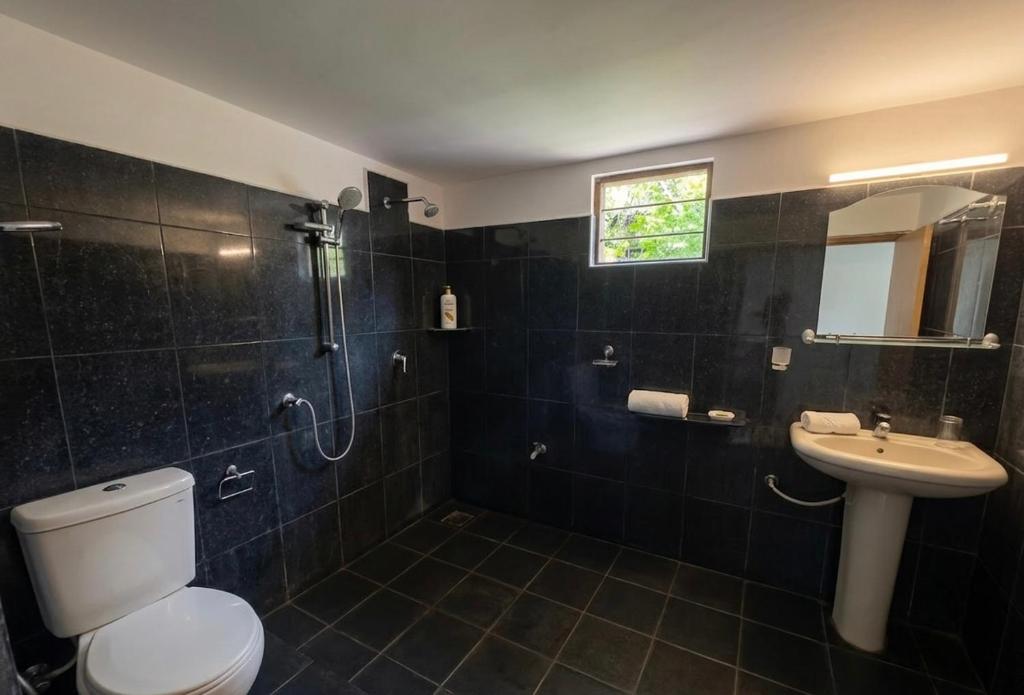 a black tiled bathroom with a toilet and a sink at Tree Avenue Villa Dambulla in Galewela