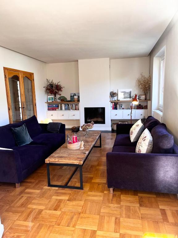 a living room with two couches and a coffee table at Villa Clair Matin in Ax-les-Thermes