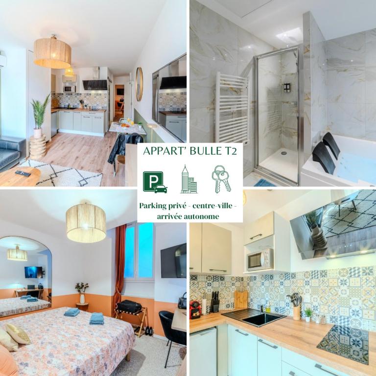 a collage of photos of a kitchen and a living room at La Bulle Roanne centre-ville - Jaccuzi & Clim in Roanne