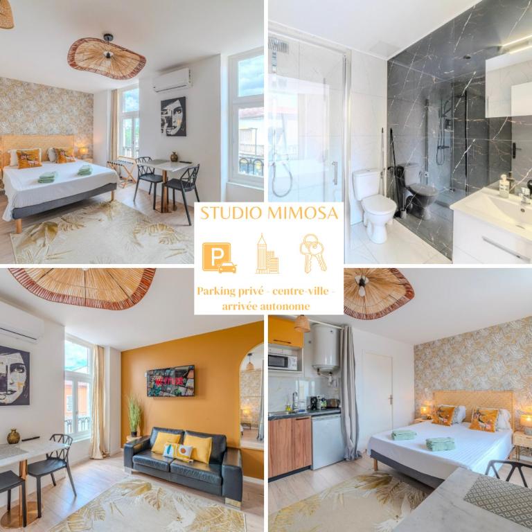 a collage of photos of a living room and bathroom at Mimosa Roanne centre-ville - Parking & Clim in Roanne