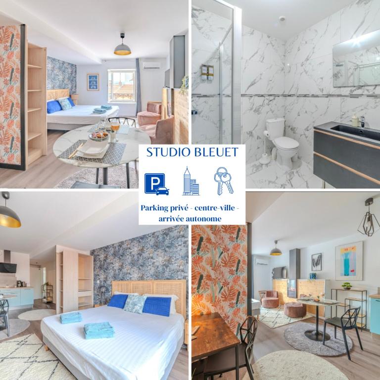 a collage of photos of a bedroom and a living room at Bleuet Roanne centre-ville -Parking & Clim in Roanne