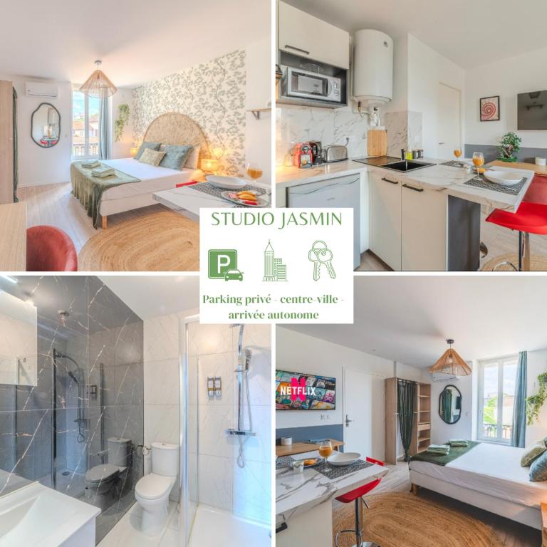 a collage of photos of a kitchen and a living room at Jasmin Roanne centre-ville - Parking & Clim in Roanne