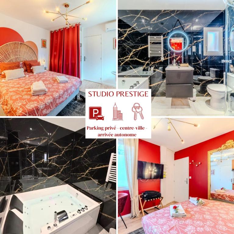 a collage of photos of a hotel room at Prestige Jacuzzi & Clim, parking - Roanne centre-ville in Roanne