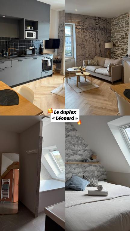 eine Fotocollage einer Küche und eines Wohnzimmers in der Unterkunft Leonard in Landerneau