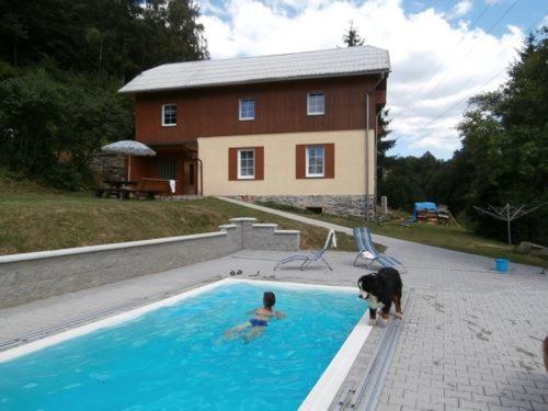 a person and a dog in a swimming pool with a house at Chata Eliška in Loučná nad Desnou