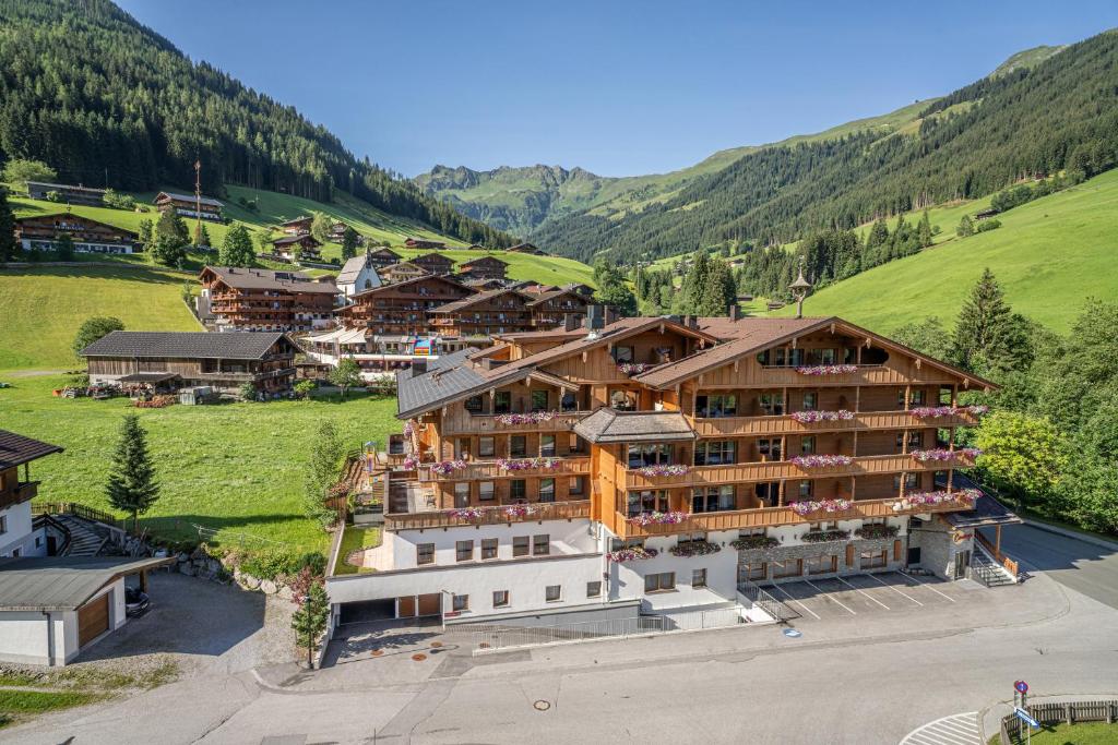 an aerial view of a hotel in the mountains at Galtenberg Bed & Breakfast in Alpbach