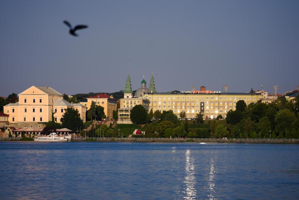 a bird flying over the water in front of a city at Hotel Ternopil in Ternopil