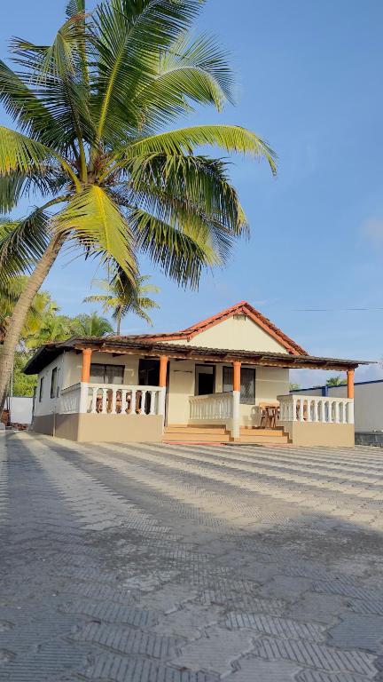 a palm tree in front of a building at Sea shells on the seashore in Cocoanut Island