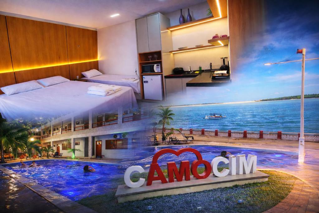a hotel room with a bed and a swimming pool at Residencial Ibiapaba FLAT 31 - com piscina e ótima localização in Camocim