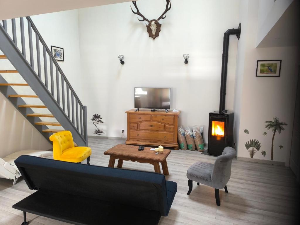 a living room with a couch and a fireplace at Gîte des castors in Harricourt