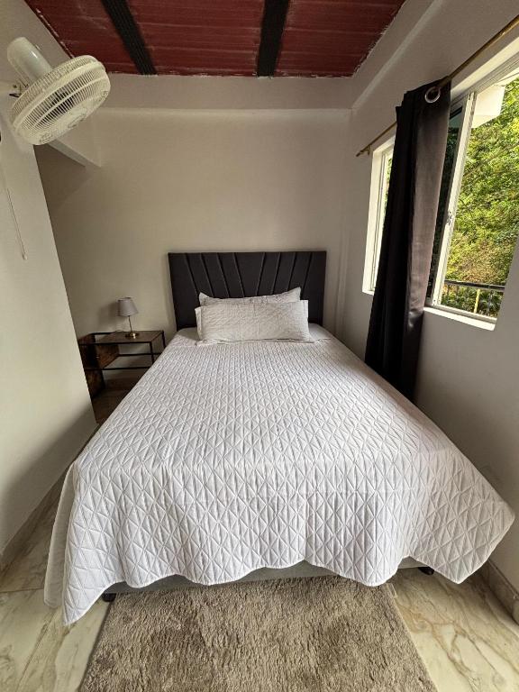 a bedroom with a bed with a white comforter and a window at Minca nomada 517 de la sierra in Santa Marta