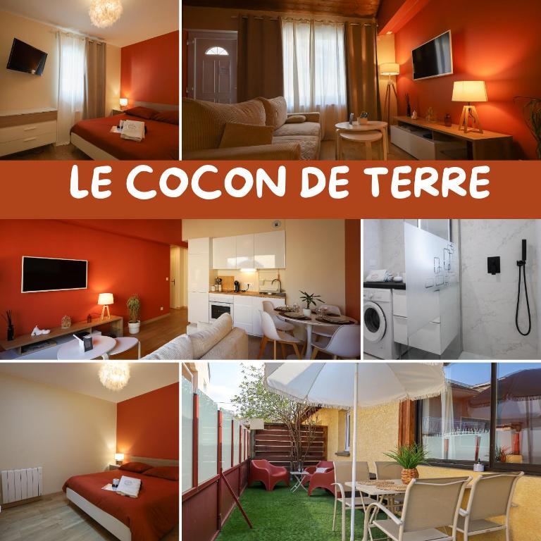 a collage of four pictures of a living room at Appartement le cocon de terre in Ambérieu-en-Bugey
