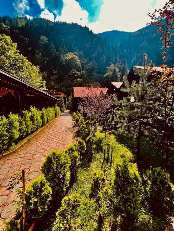 a brick walkway with bushes and trees and a mountain at Akyuz Kardesler Hotel & Bungalow in Uzungöl