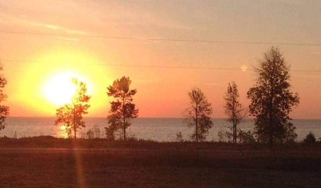 a sunset over the ocean with trees in the foreground at Beach House Overlooking Lake Michigan in Algoma