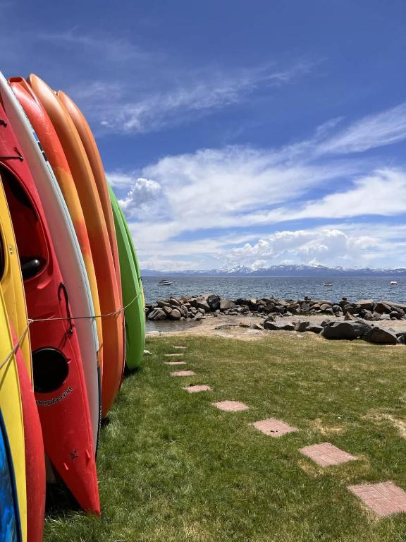 a row of surfboards sitting on the grass near the water at Beach-N-Ski Condo in Tahoe Vista