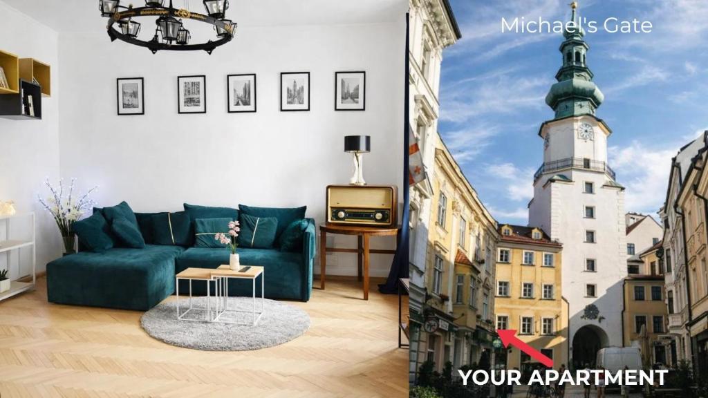 a living room with a green couch and a tv at Štúr Apartment Michalská in Bratislava