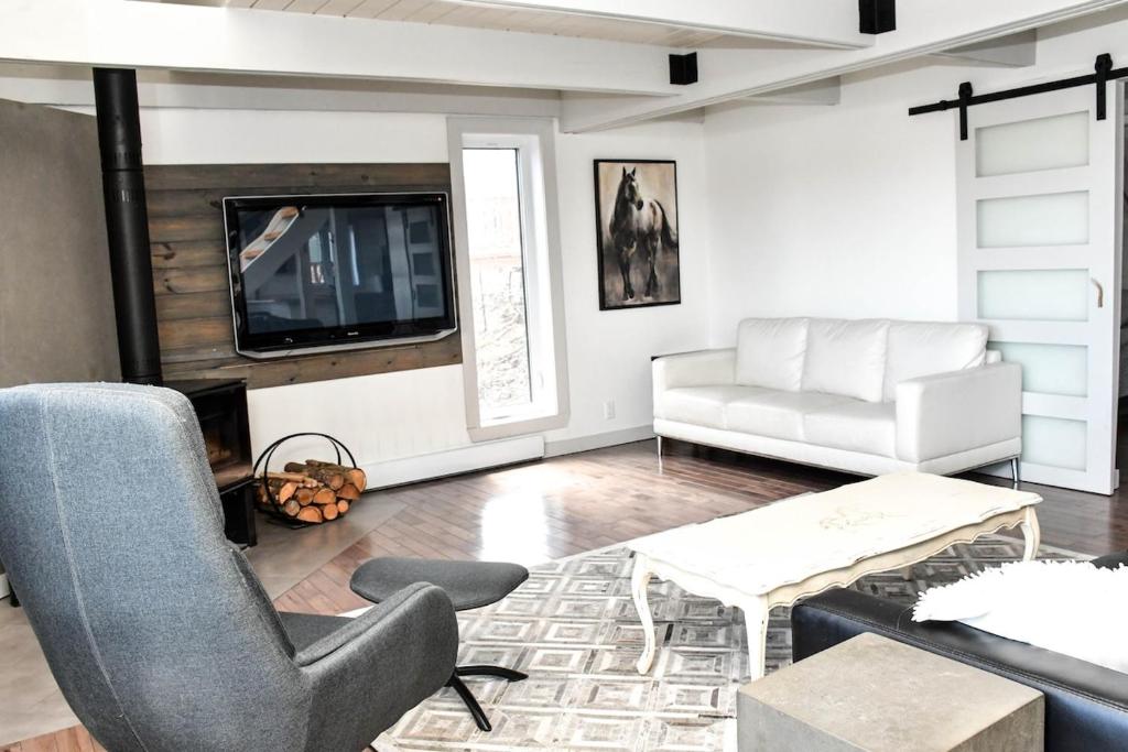 a living room with a couch and a tv at Mont Ste-Anne Chalet in Beaupré