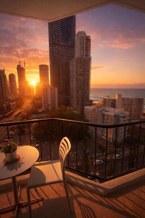 a table and chair on a balcony with a view of a city at Oceans 11 in Gold Coast