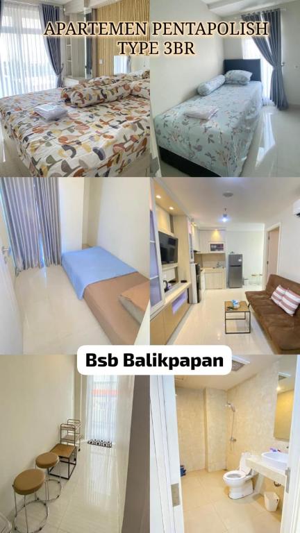 a collage of three pictures of a bedroom and a hotel room at Apartment BSB pentapolis 3 Bedroom in Stalkudo
