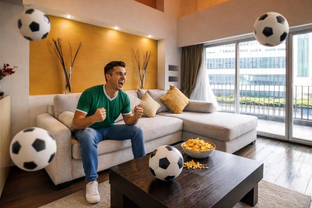 a man sitting on a couch with soccer balls in a living room at St Isidro Suites Corporate Housing SPA & Wellness Center in Mexico City