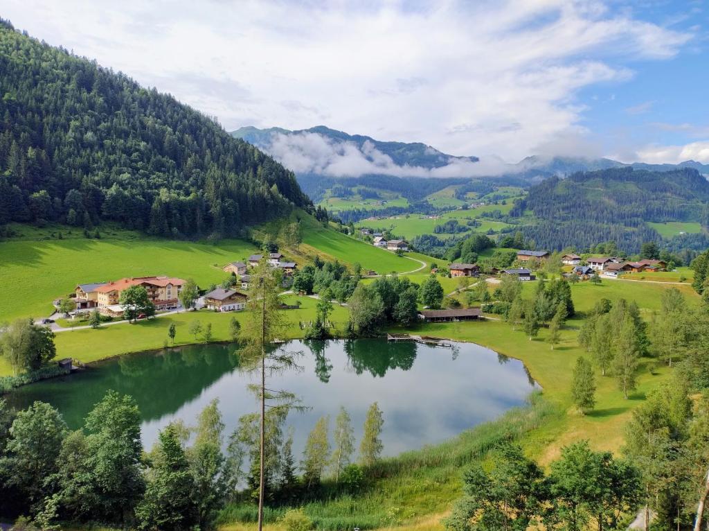 a small village in a valley with a lake at Berg & See Hideaway in Mitterstein