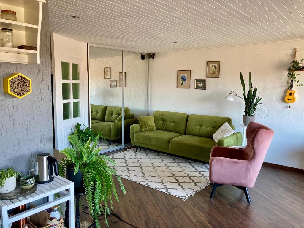 ein Wohnzimmer mit einem grünen Sofa und einem rosa Sessel in der Unterkunft OM West in Aizpute