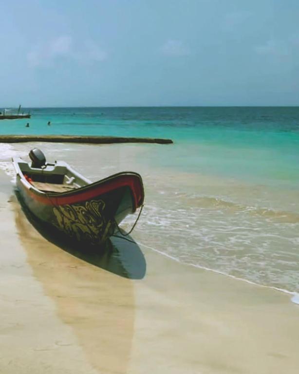 a boat sitting on the shore of a beach at Cabañas Isla Bonita in Puerto Limón