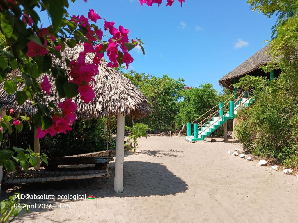 a beach with a straw umbrella and a staircase at Mida Creek Eco Camp in Watamu