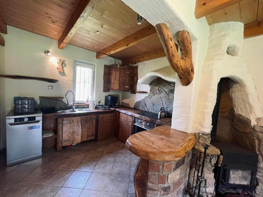 a kitchen with a stone oven in a room at Domek nad Wiarem in Huwniki