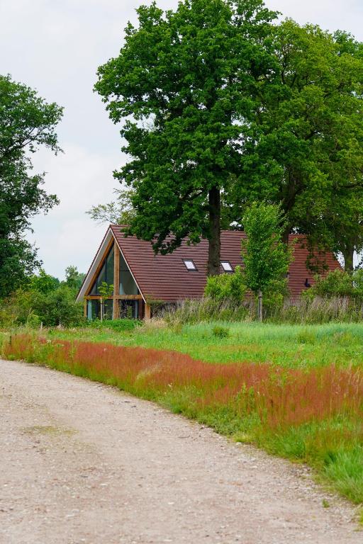a house in a field next to a dirt road at Landgoed Erve Triesthaar in De Lutte