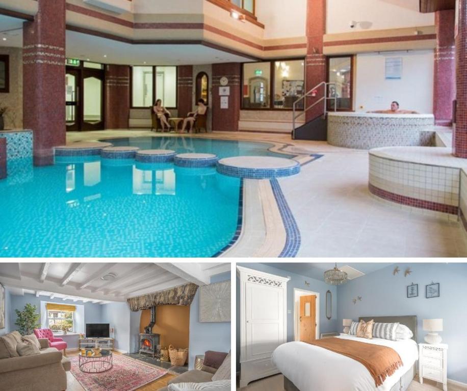 two pictures of a large pool in a house at Stunning Cottage with free Spa access in Newby Bridge