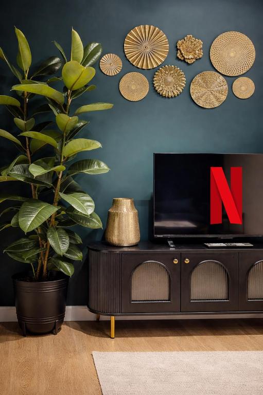 a living room with a tv and a potted plant at L'Atelier de l'Émeraude in Saverne