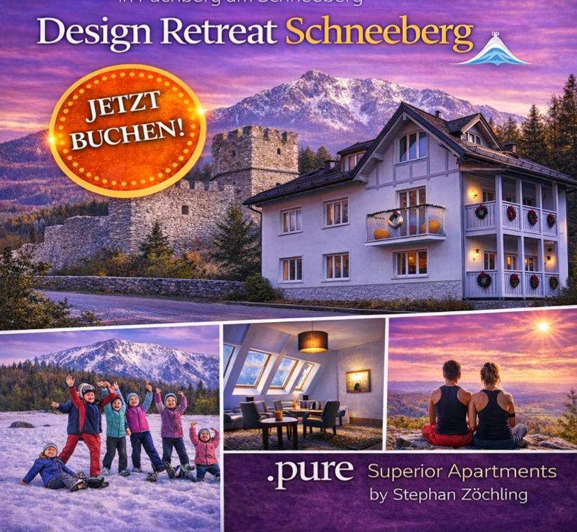 a collage of pictures of a house with a family at DESIGN RETREAT Schneeberg - Singlestudio, Gartenstudio, Whirlpool-Suite oder Maisonette-Suite in Puchberg am Schneeberg