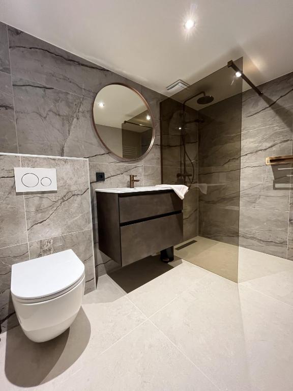a bathroom with a toilet and a sink and a mirror at Appartementen het Centrum in Domburg