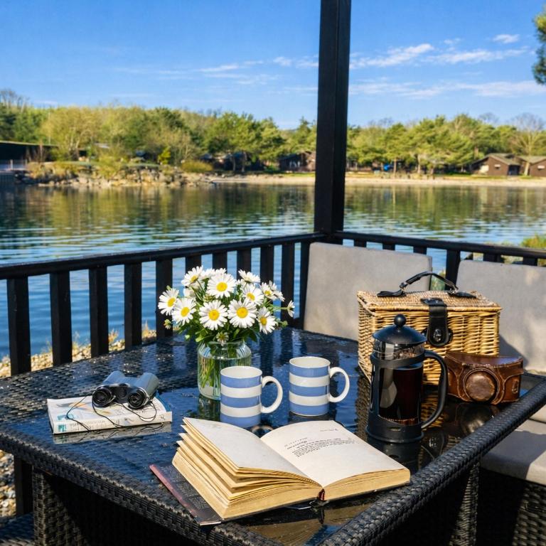 a table with an open book and an old camera and books at Swanmere lodge, Lakeside view Pinelake Carnforth in Carnforth