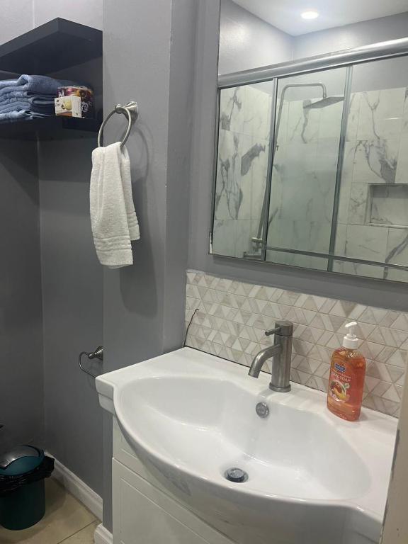 a bathroom with a white sink and a mirror at Cozy Modern flat in Tunapuna