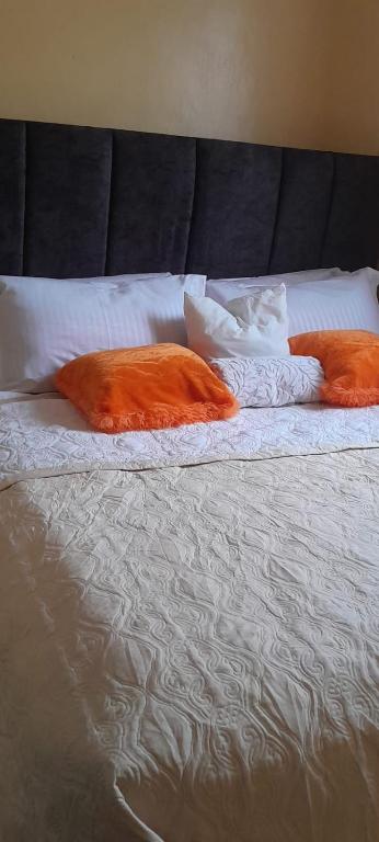 three orange pillows sitting on top of a bed at Baobab in Webuye